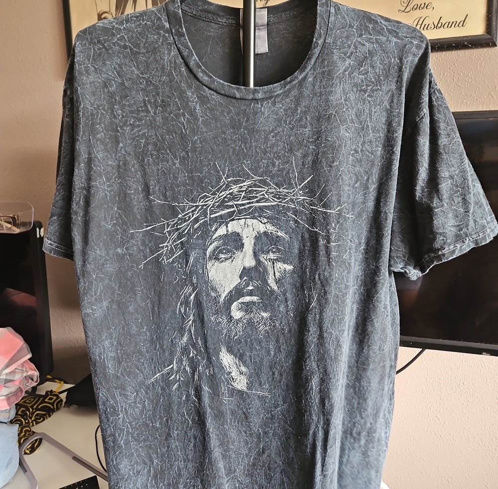 Men's Black Stone Washed Graphic Jesus Face Short Sleeve T-Shirt